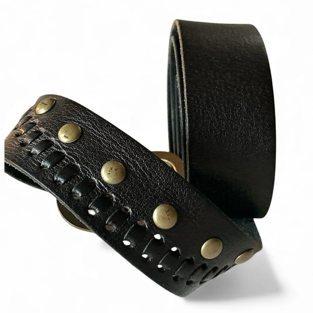 Linea Pelle Studded Black Leather Woven Belt Size XL 44”Length 1 7/8” Wide